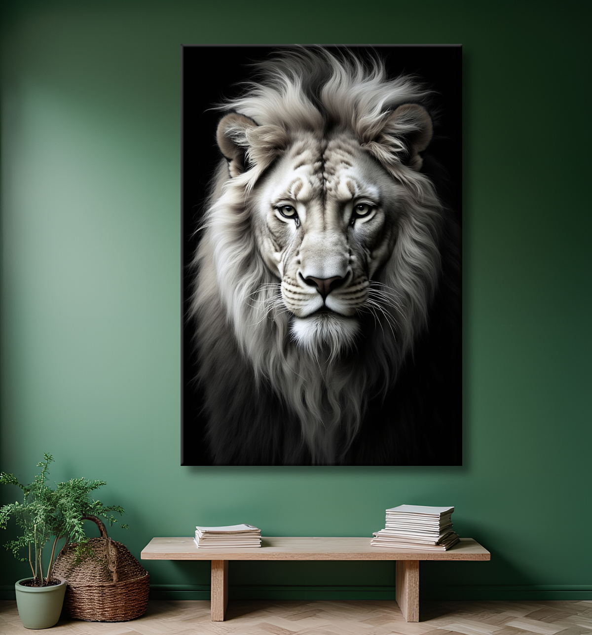 Tableau lion sur fond noir - Portrait studio intense avec decor