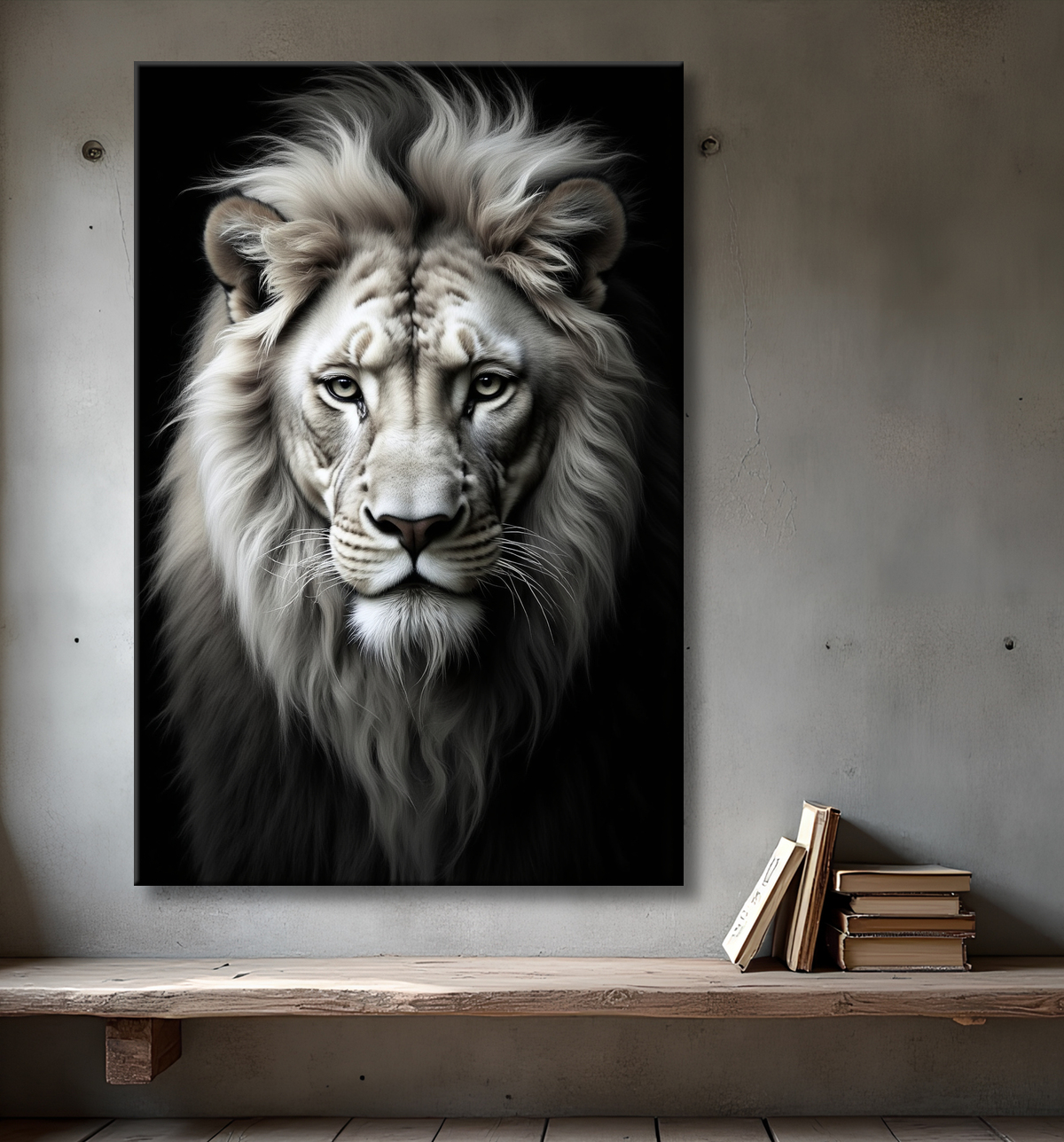 Tableau lion sur fond noir - Portrait studio intense avec decor