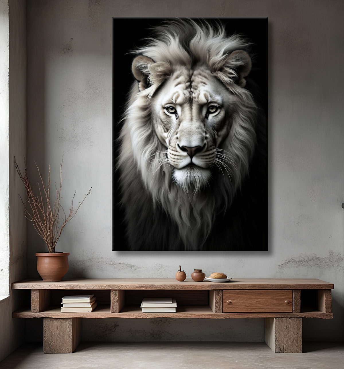Portrait de lion photographié sur fond noir. Tableau en couleur au rendu proche du noir et blanc, décliné en plusieurs versions et formats personnalisables. Une création élégante et puissante, imprimée en France.