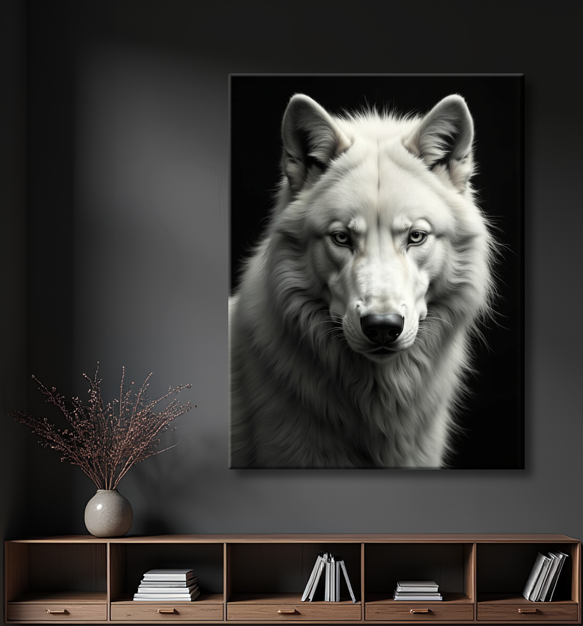 Tableau loup sur fond noir - Portrait photo décoratif avec decor