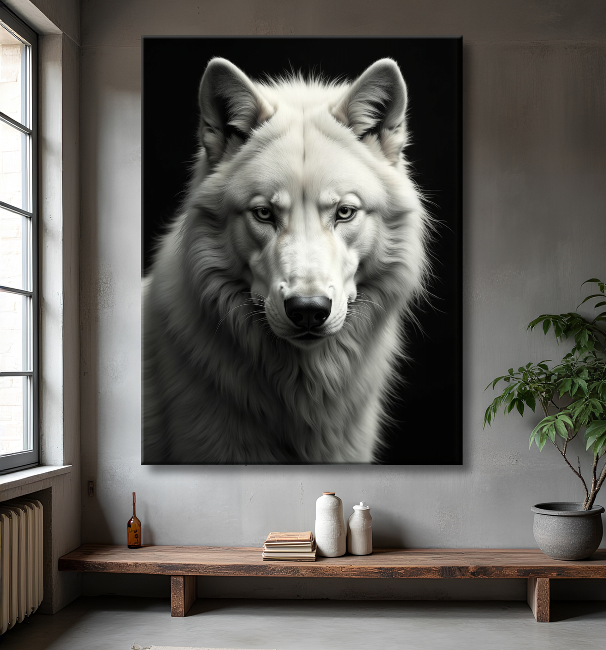 Tableau loup sur fond noir - Portrait photo décoratif avec decor