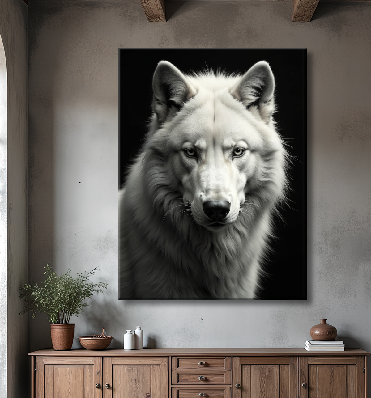 Tableau loup sur fond noir - Portrait photo décoratif avec decor