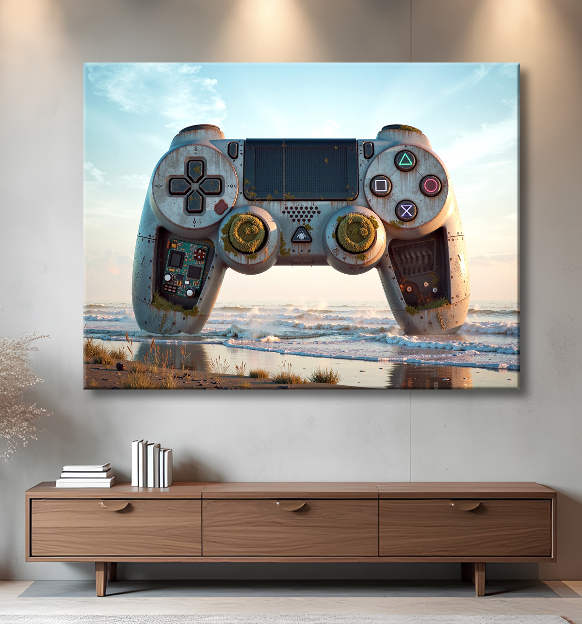 Tableau manette échouée - Art gaming post-apocalyptique avec decor