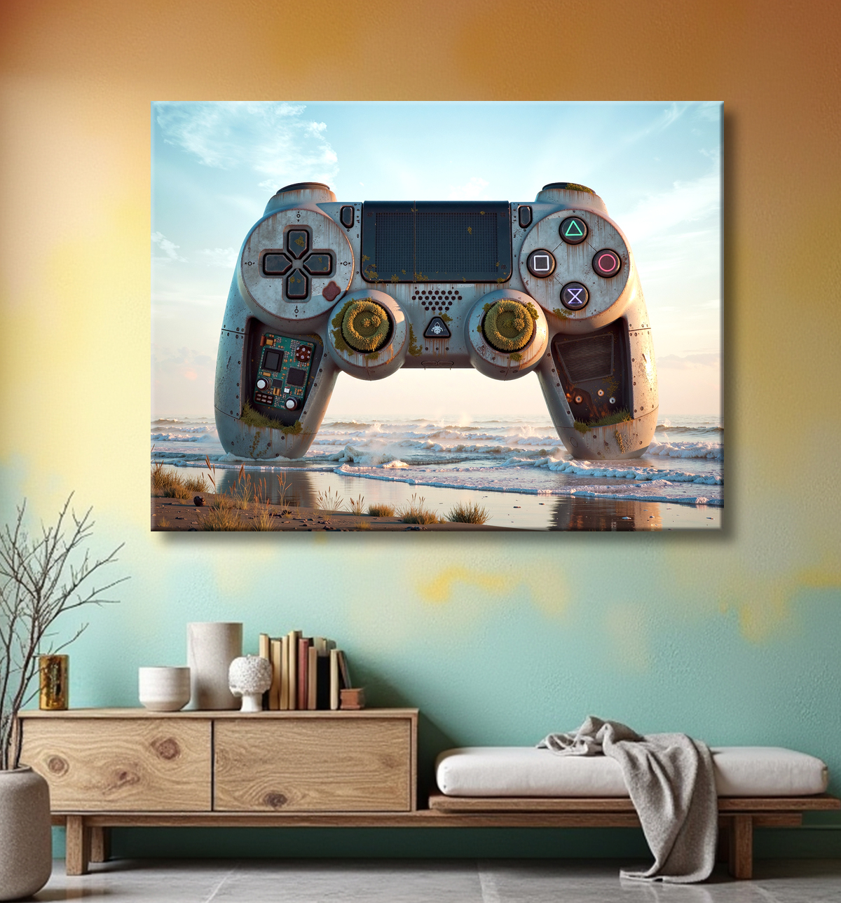 Tableau manette échouée - Art gaming post-apocalyptique avec decor