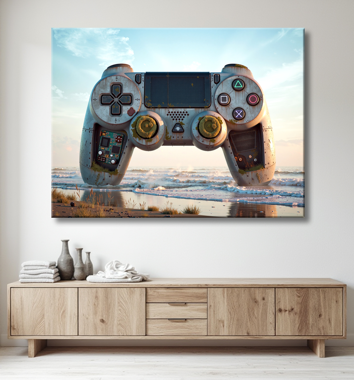 Tableau manette échouée - Art gaming post-apocalyptique avec decor