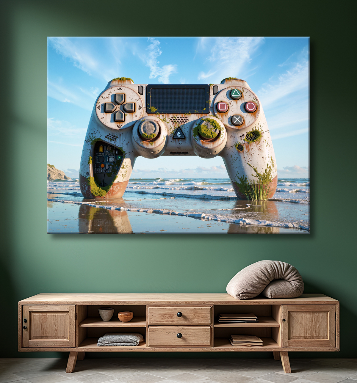 Tableau manette échouée - Art gaming post-apocalyptique avec decor