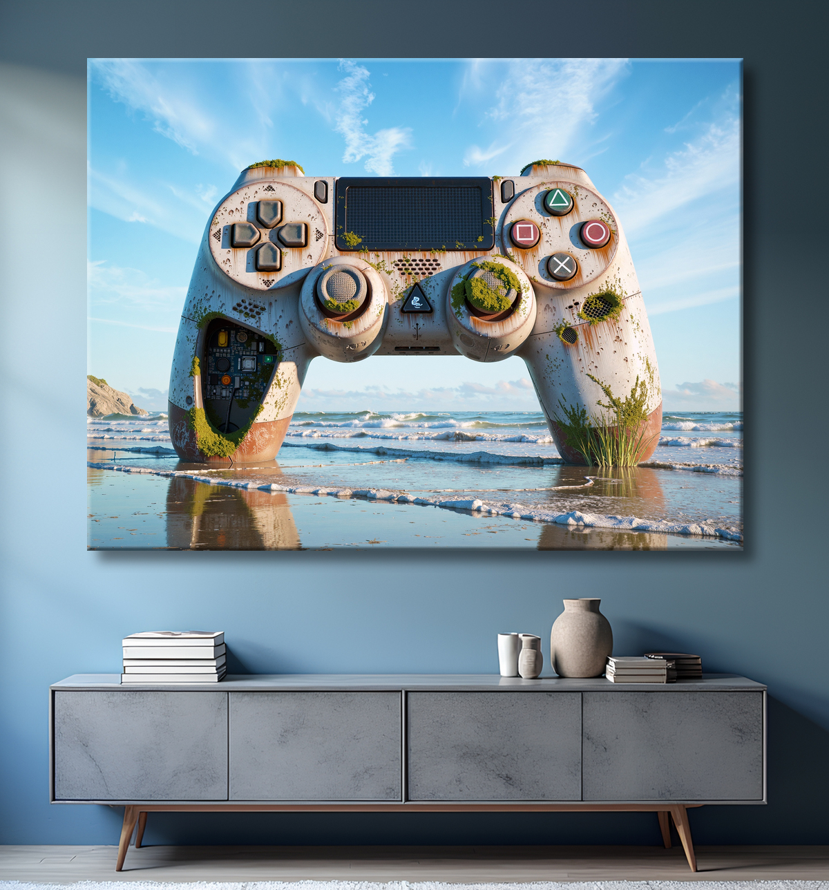 Tableau manette échouée - Art gaming post-apocalyptique avec decor
