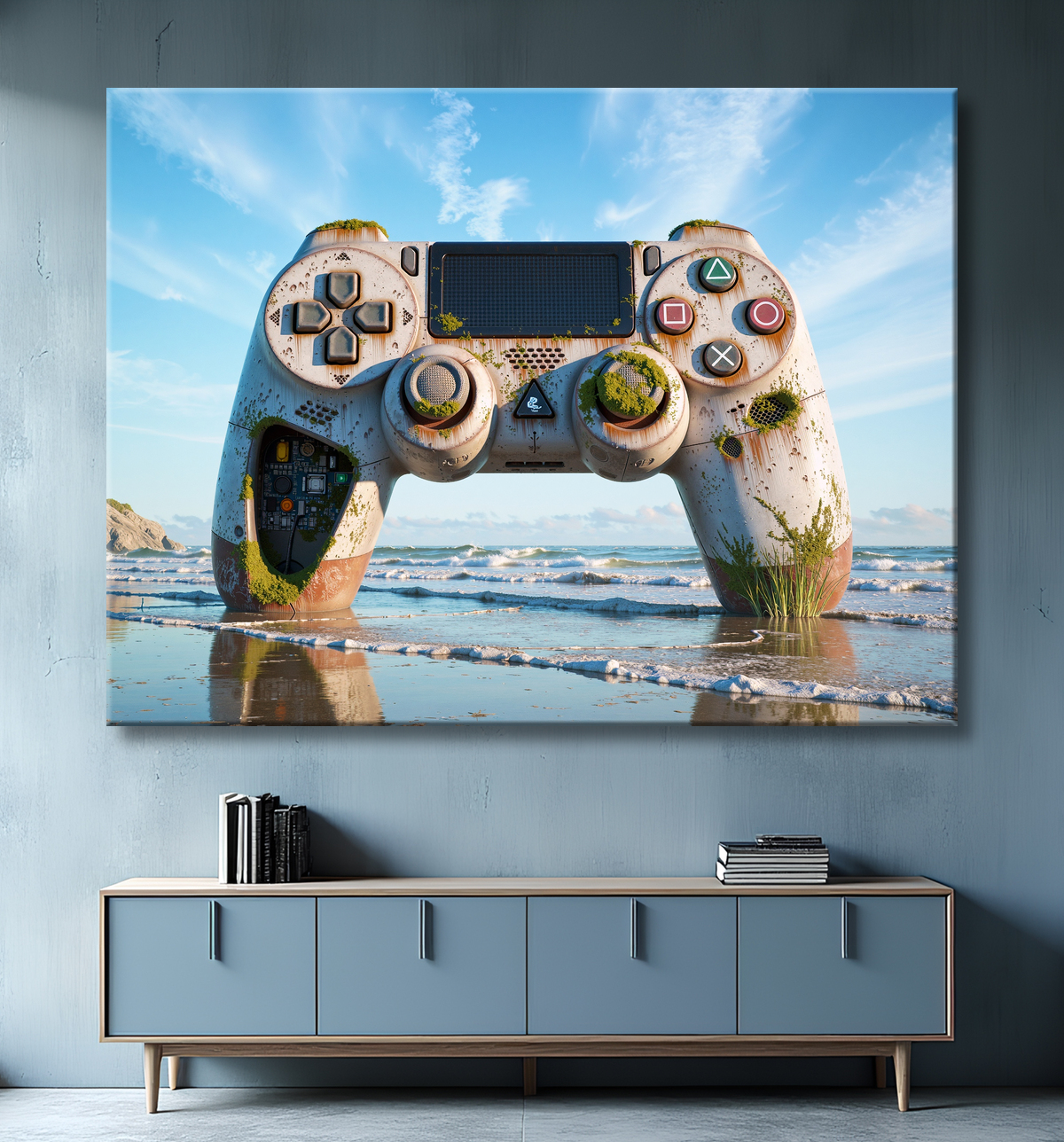 Tableau manette échouée - Art gaming post-apocalyptique avec decor