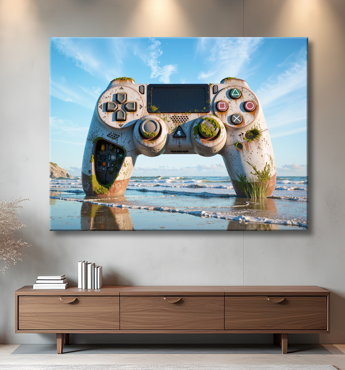 Tableau manette échouée - Art gaming post-apocalyptique avec decor