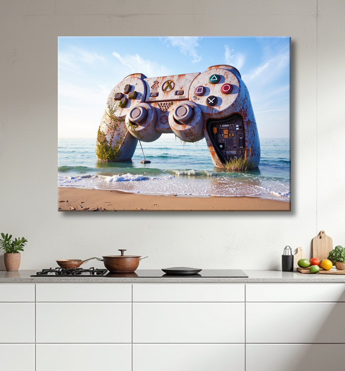 Tableau manette échouée - Art gaming post-apocalyptique avec decor
