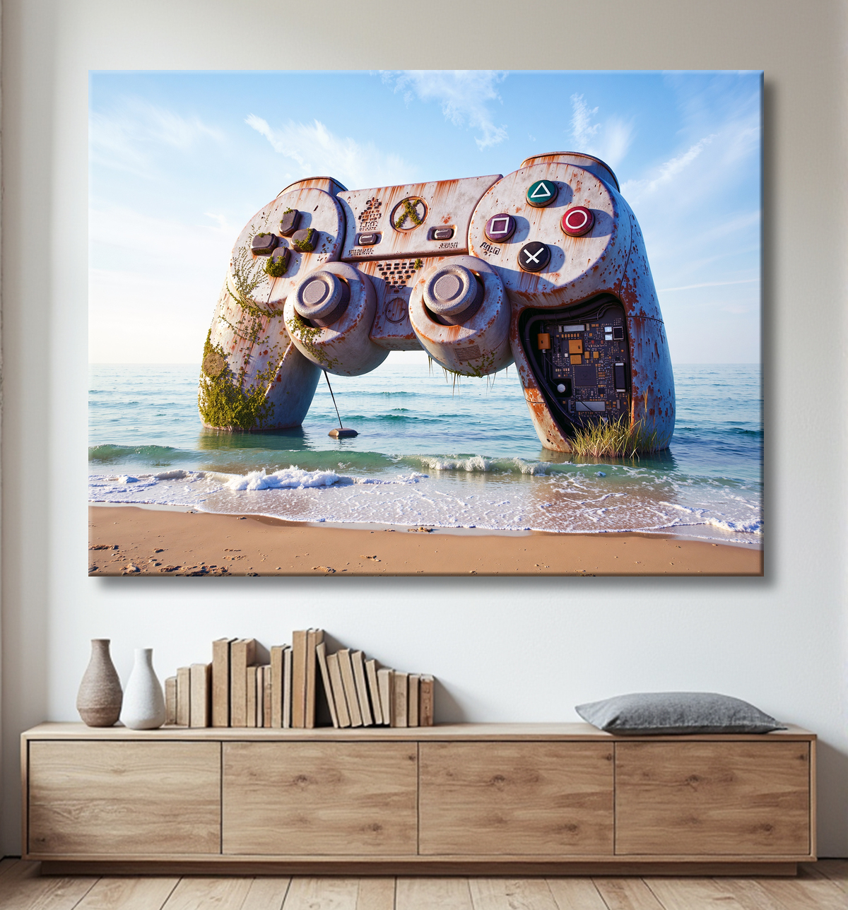 Tableau manette échouée - Art gaming post-apocalyptique avec decor