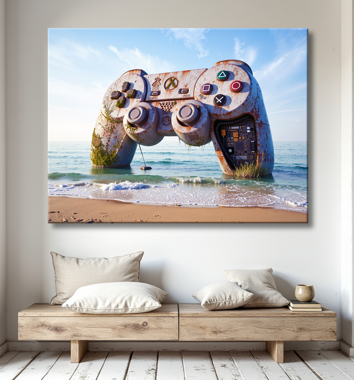 Tableau manette échouée - Art gaming post-apocalyptique avec decor
