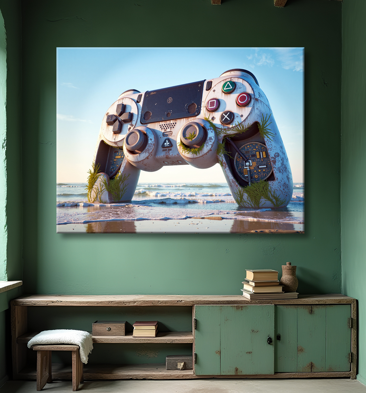 Tableau manette échouée - Art gaming post-apocalyptique avec decor