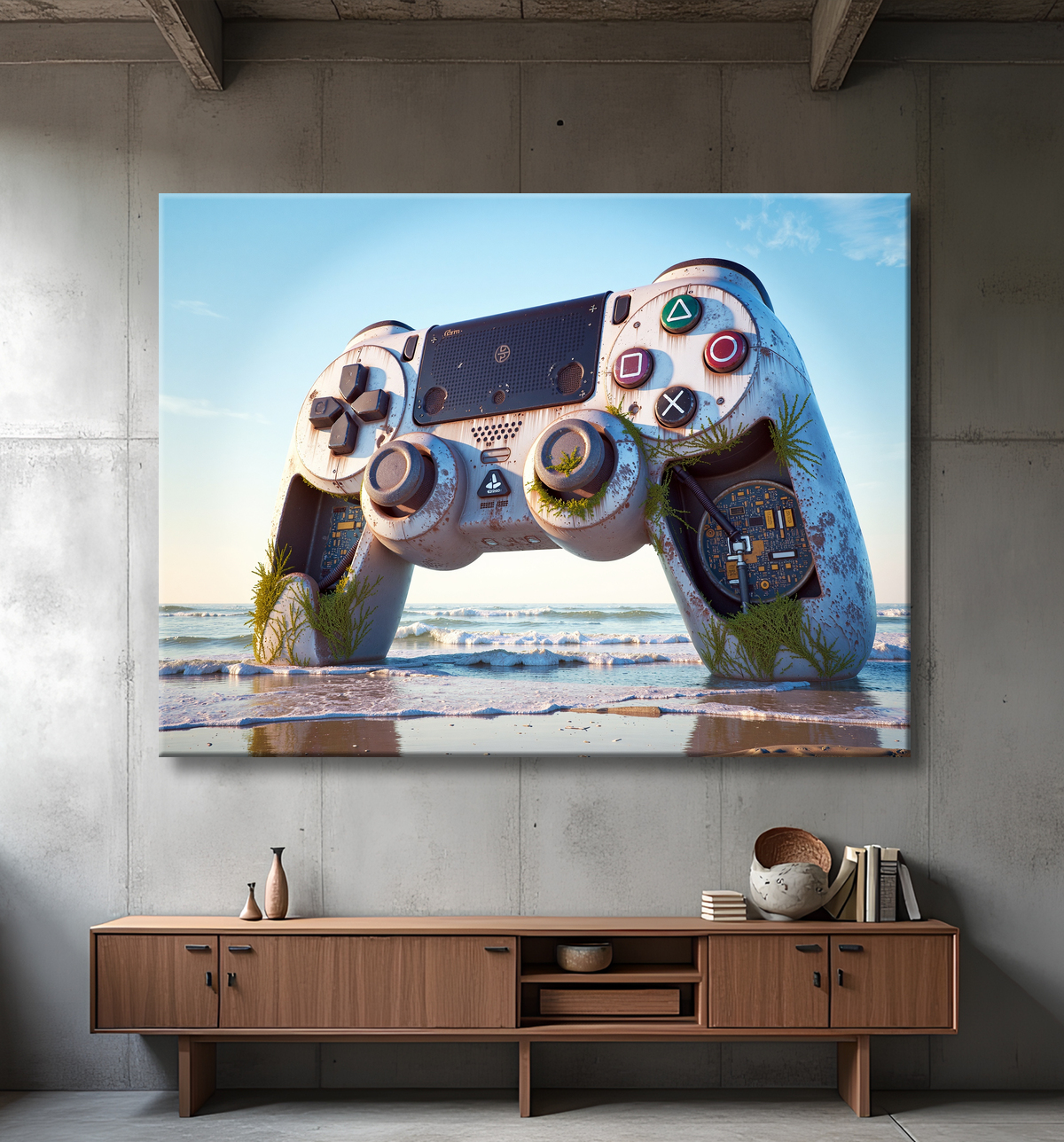 Tableau manette échouée - Art gaming post-apocalyptique avec decor