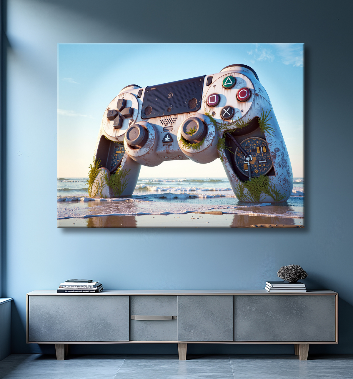 Tableau manette échouée - Art gaming post-apocalyptique avec decor