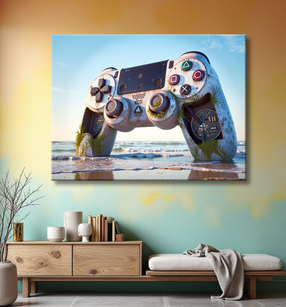Tableau manette échouée - Art gaming post-apocalyptique avec decor