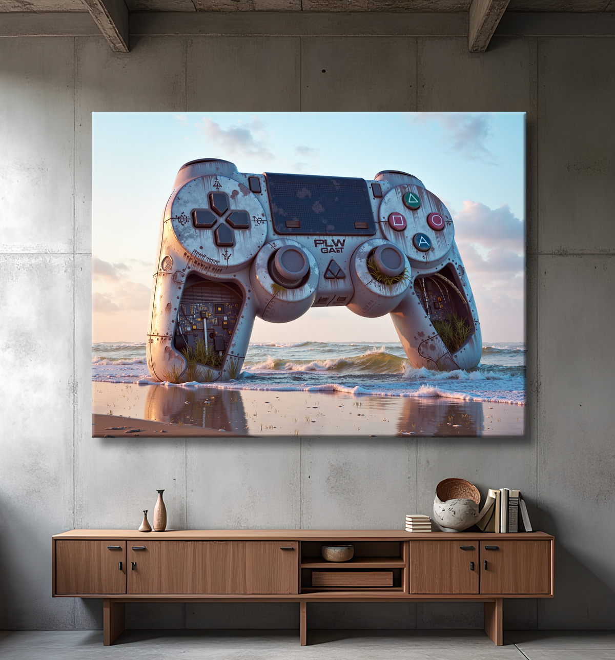 Tableau manette échouée - Art gaming post-apocalyptique avec decor