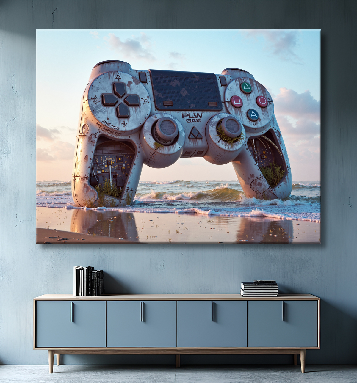 Tableau manette échouée - Art gaming post-apocalyptique avec decor