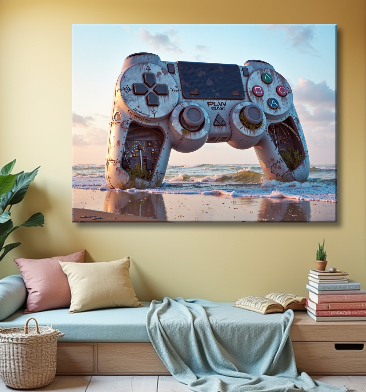 Tableau manette échouée - Art gaming post-apocalyptique avec decor