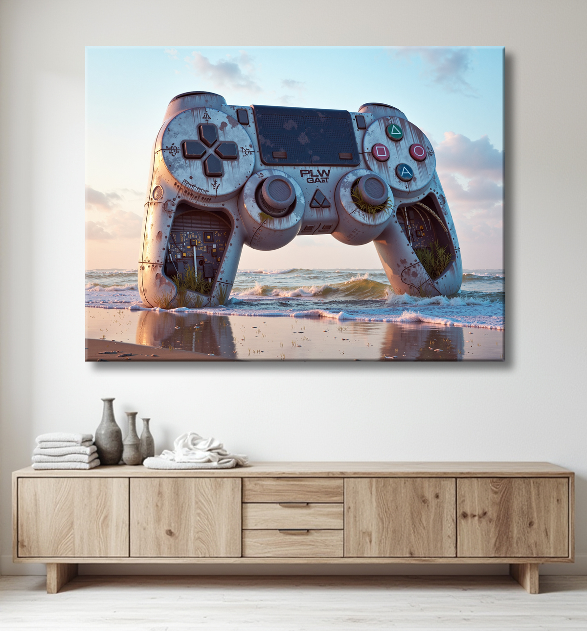 Tableau manette échouée - Art gaming post-apocalyptique avec decor