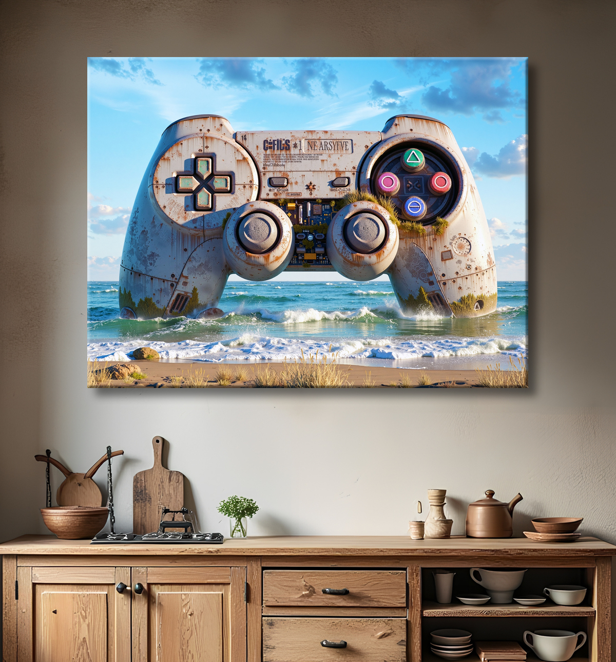 Tableau manette échouée - Art gaming post-apocalyptique avec decor