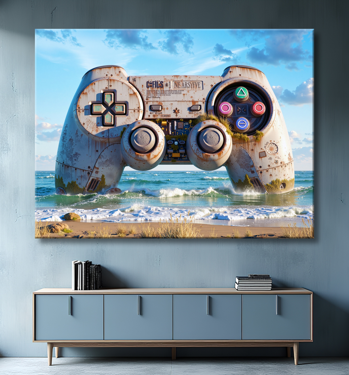Tableau manette échouée - Art gaming post-apocalyptique avec decor