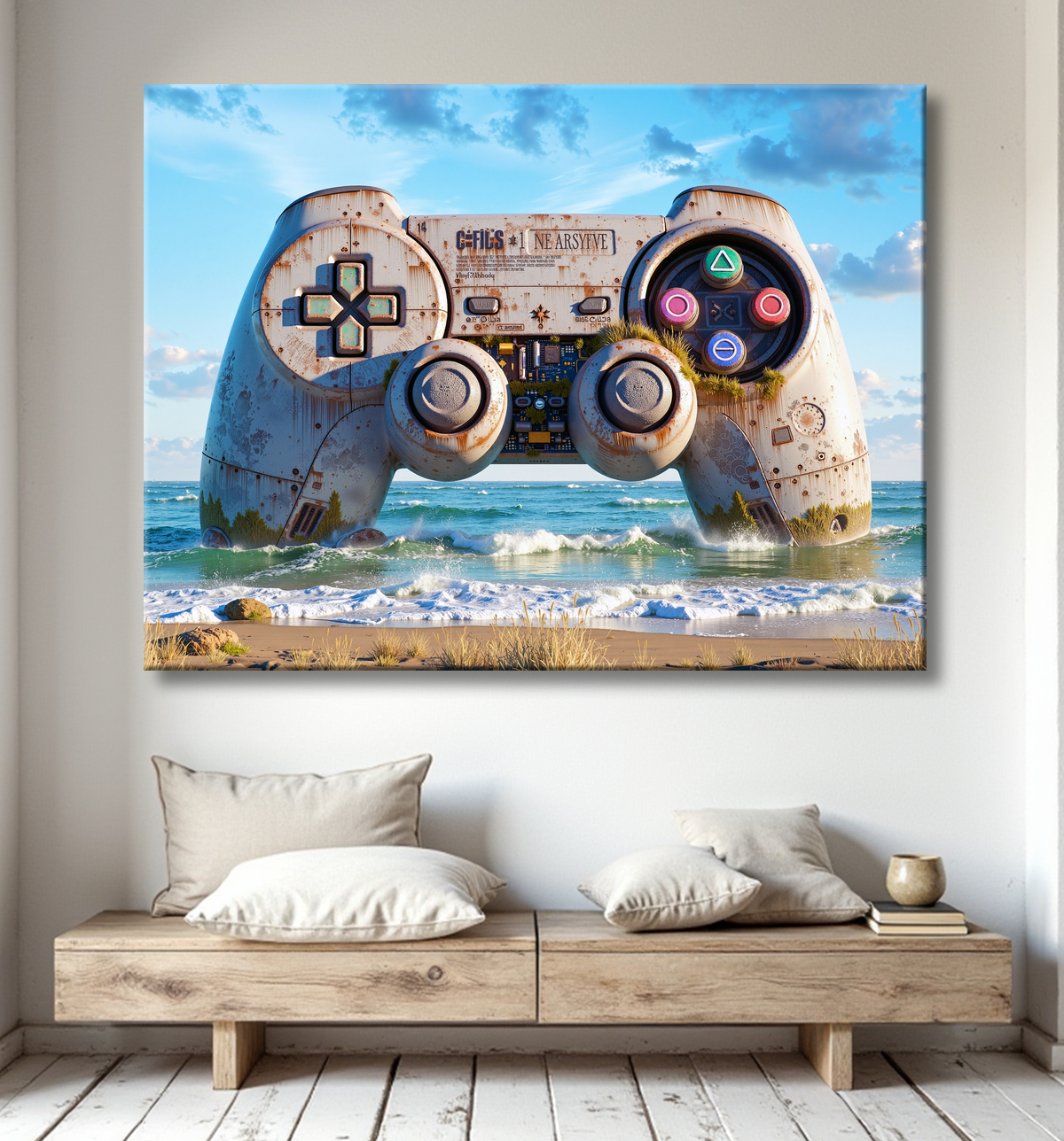 Tableau manette échouée - Art gaming post-apocalyptique avec decor