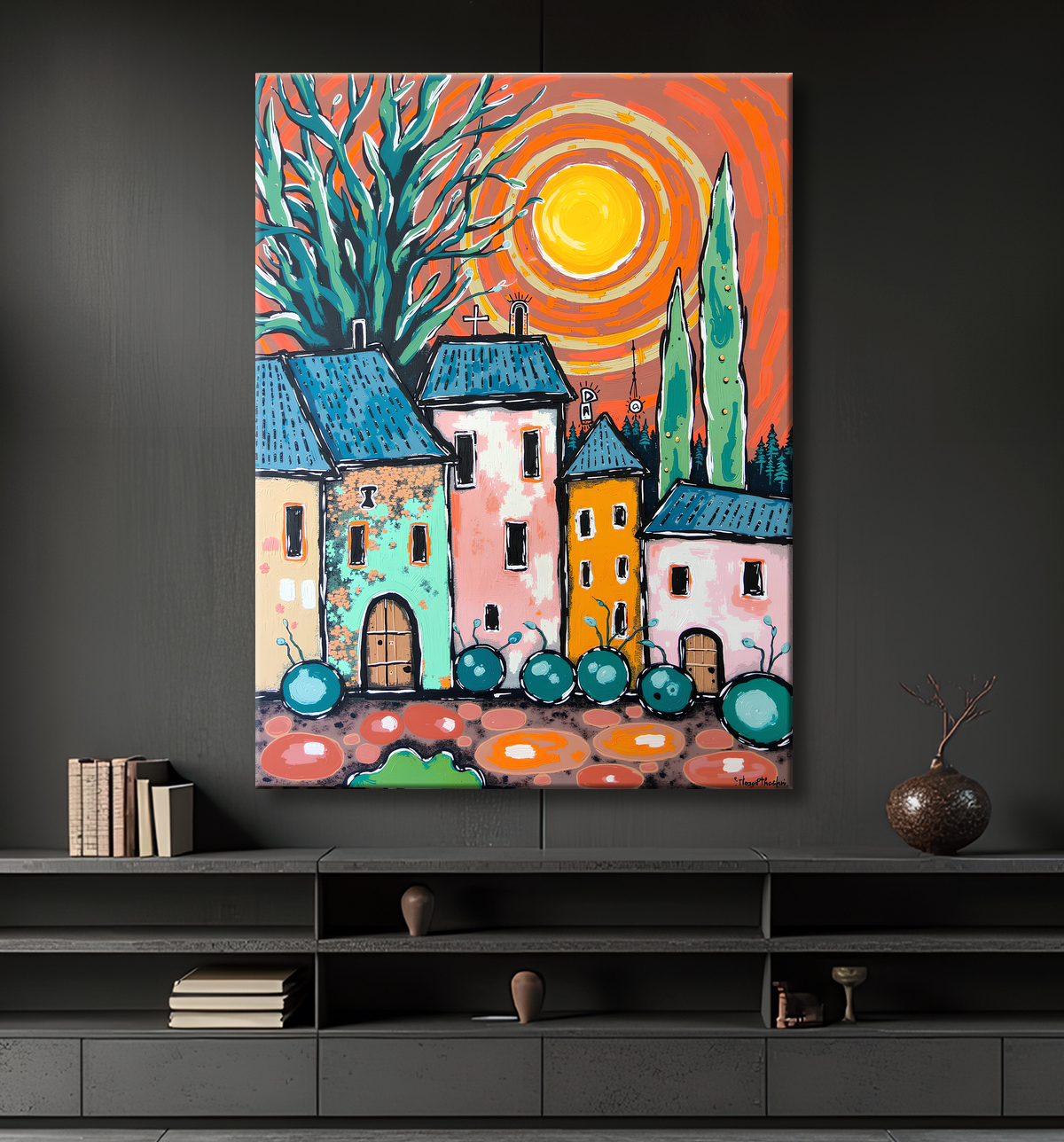 Tableau de paysage moderne et coloré avec decor