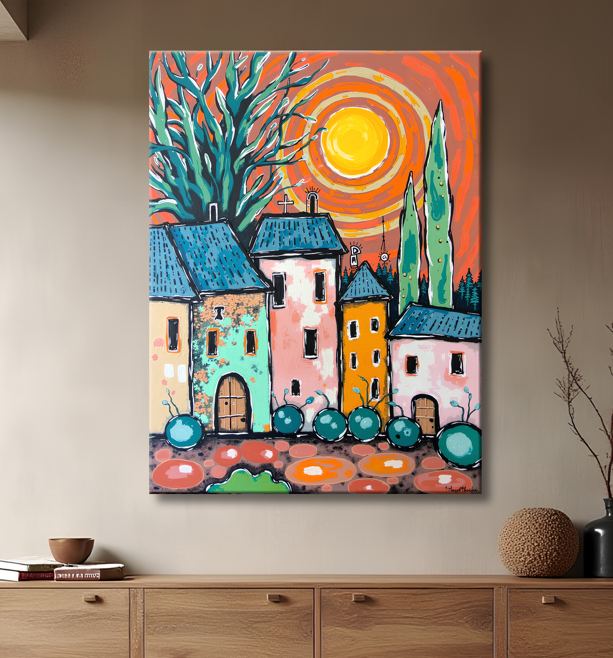 Tableau de paysage moderne et coloré avec decor