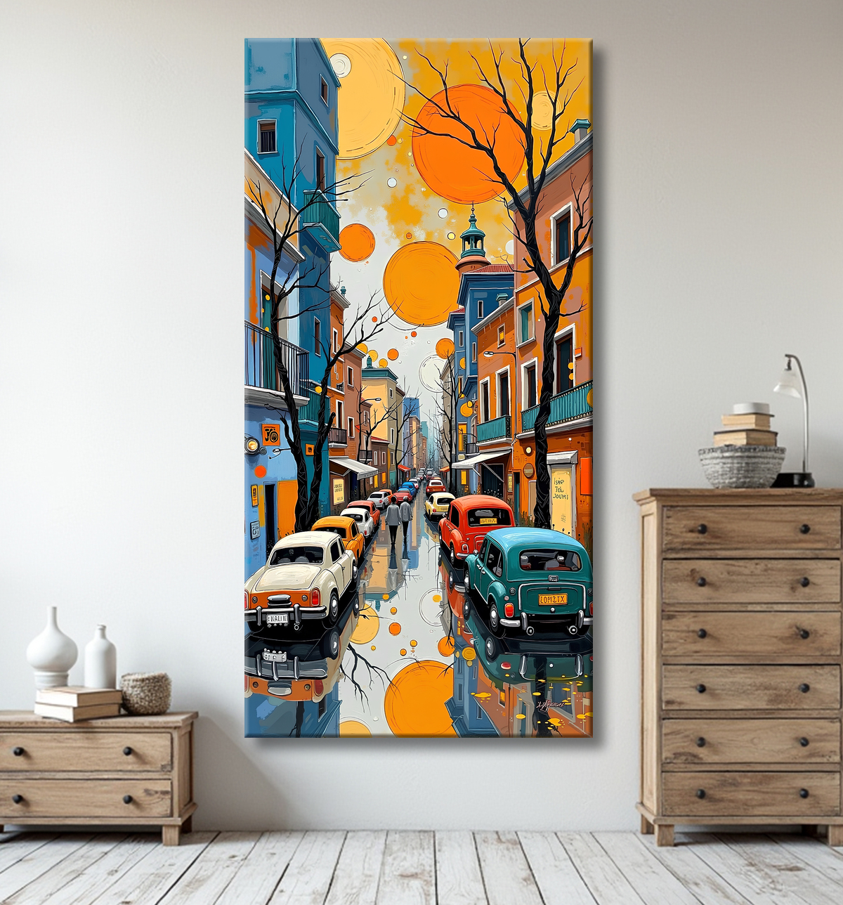 Tableau moderne et très coloré, réalisé avec des aplats de couleurs vives. Un paysage ultra stylisé qui apporte une touche vibrante et contemporaine à votre décoration
