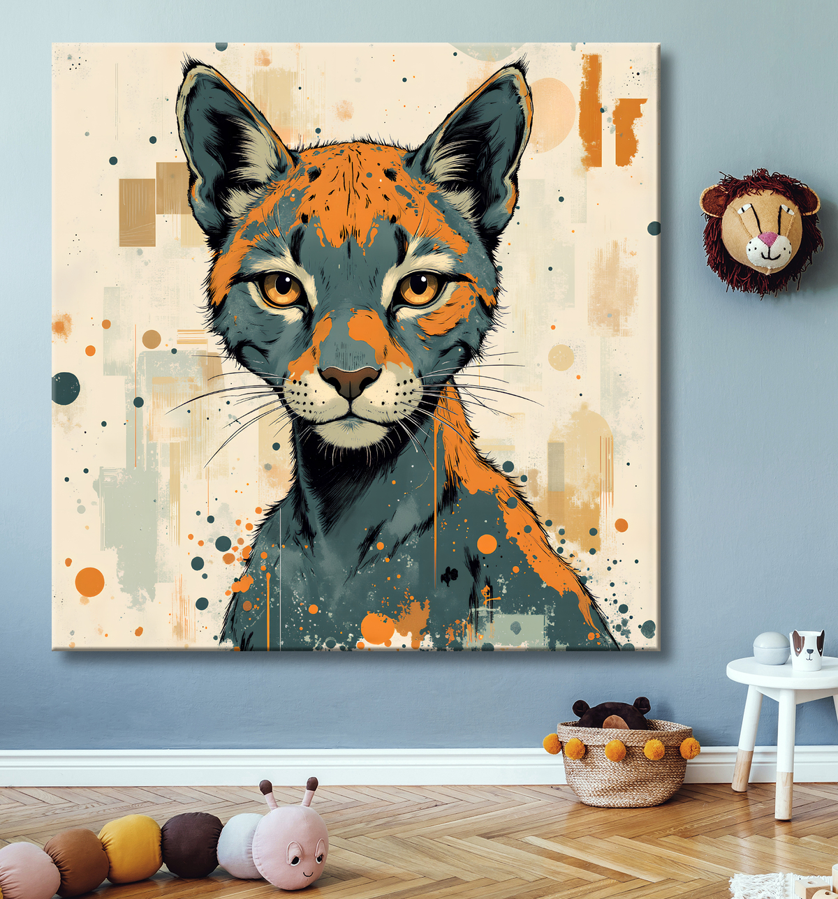 Tableau moderne d'un félin avec decor