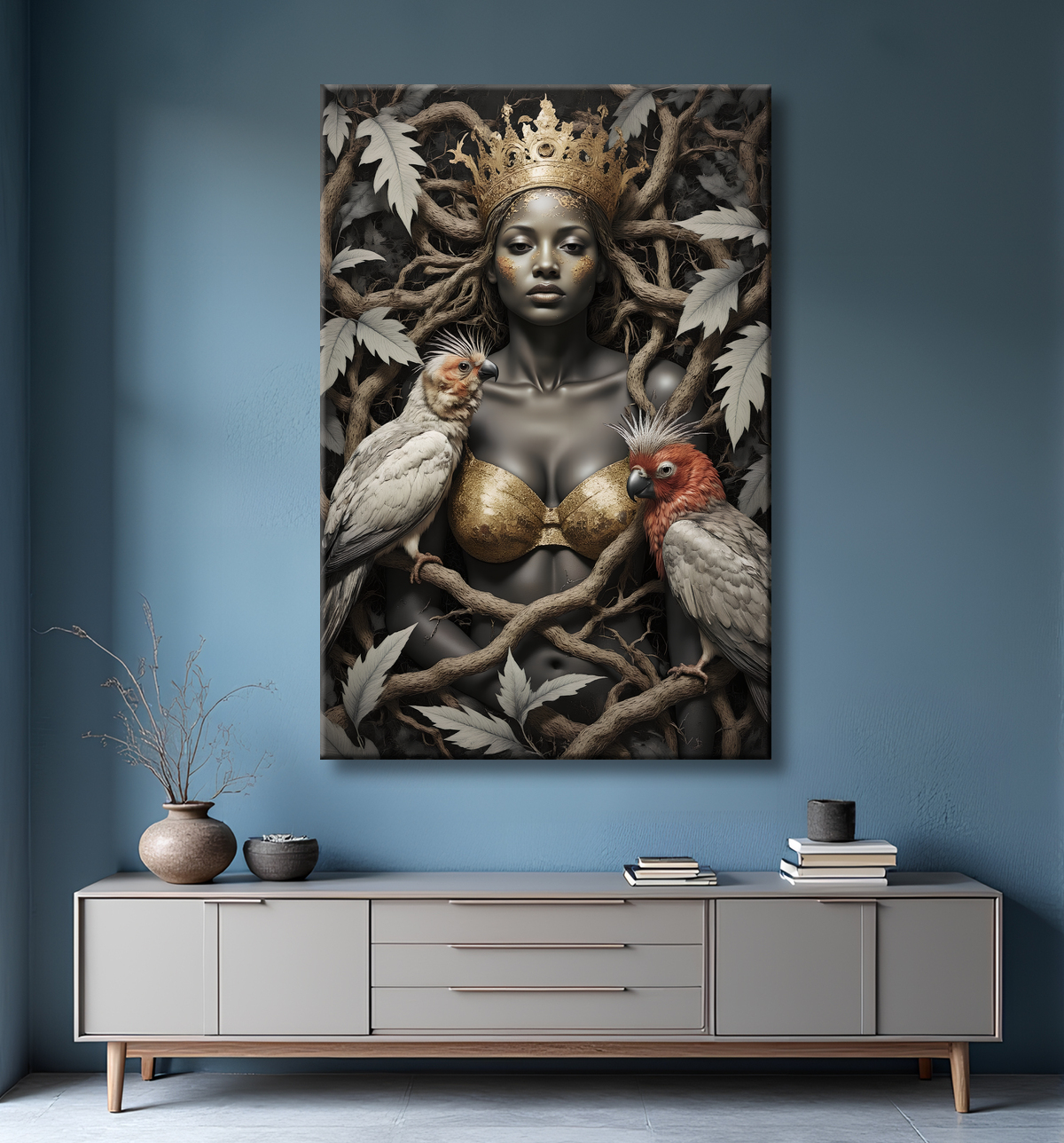 Tableau portrait femme africaine jungle et perroquets avec decor