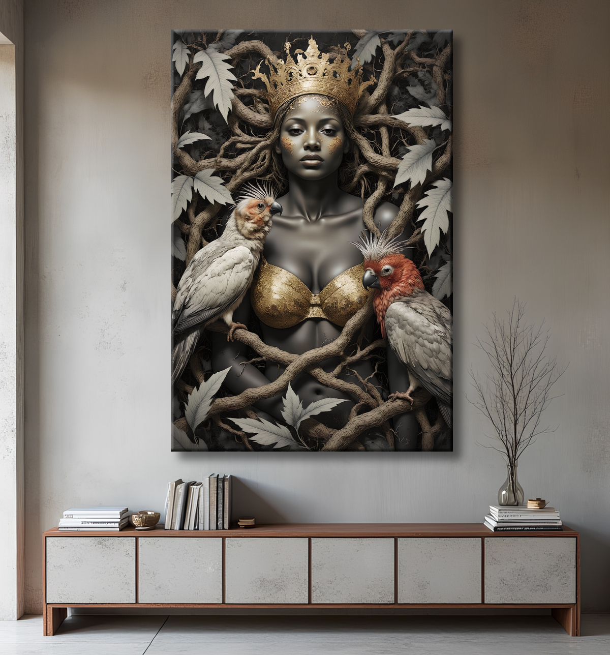 Tableau portrait femme africaine jungle et perroquets avec decor