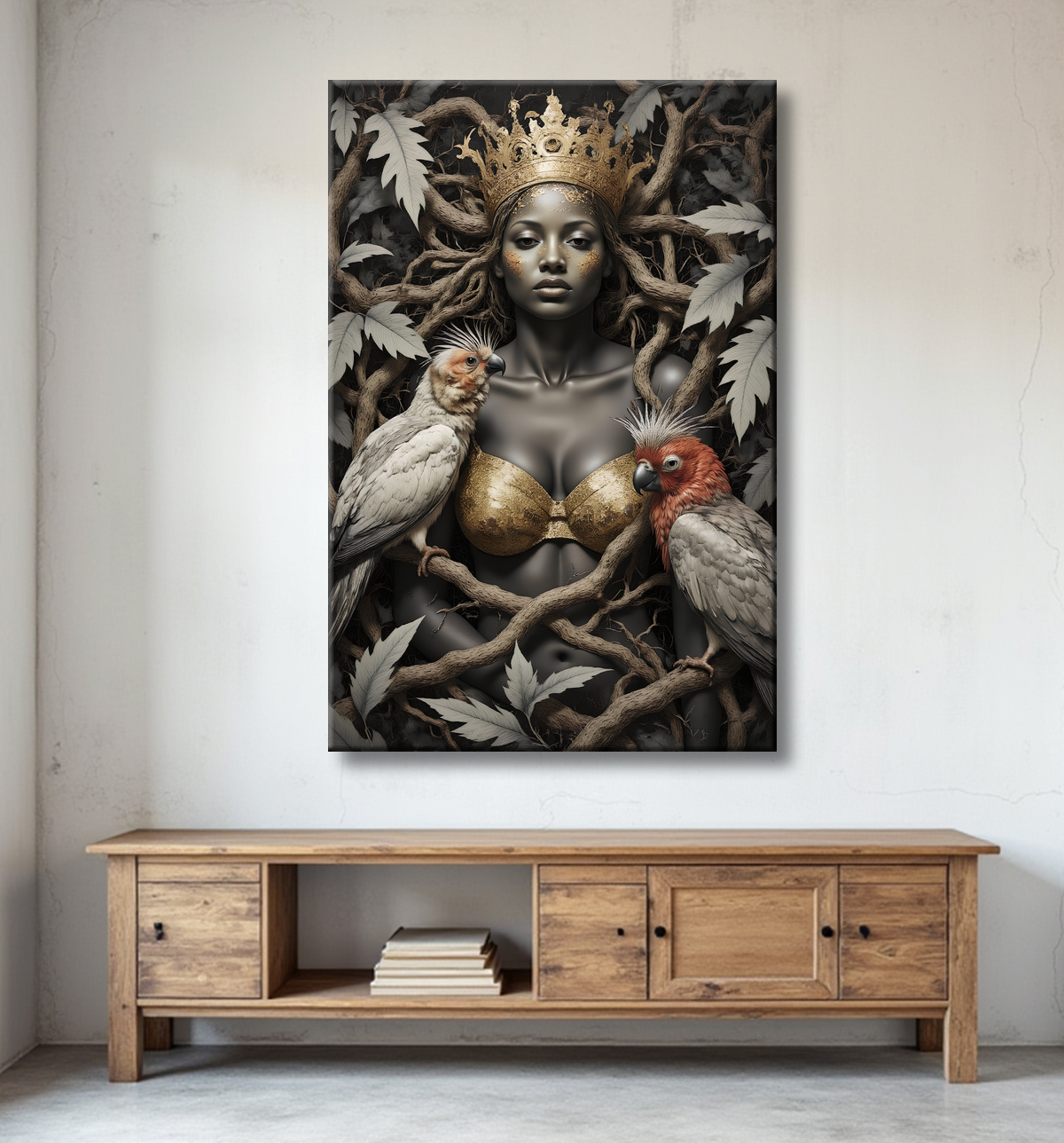 Tableau portrait femme africaine jungle et perroquets avec decor