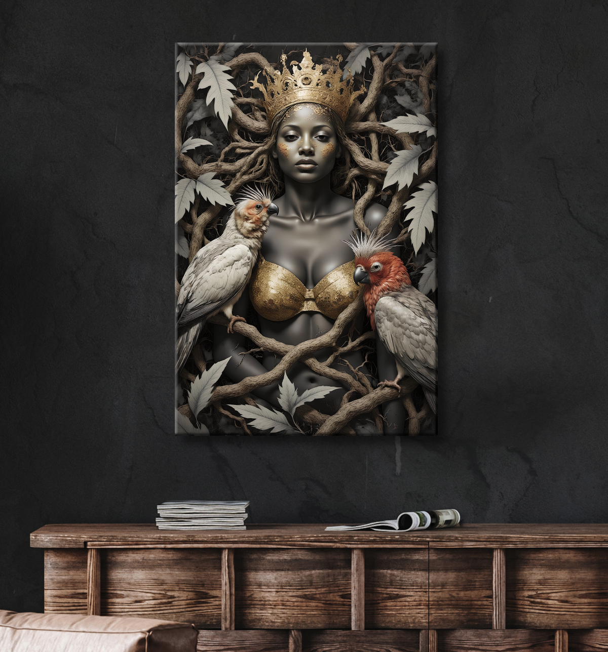 Tableau portrait femme africaine jungle et perroquets avec decor