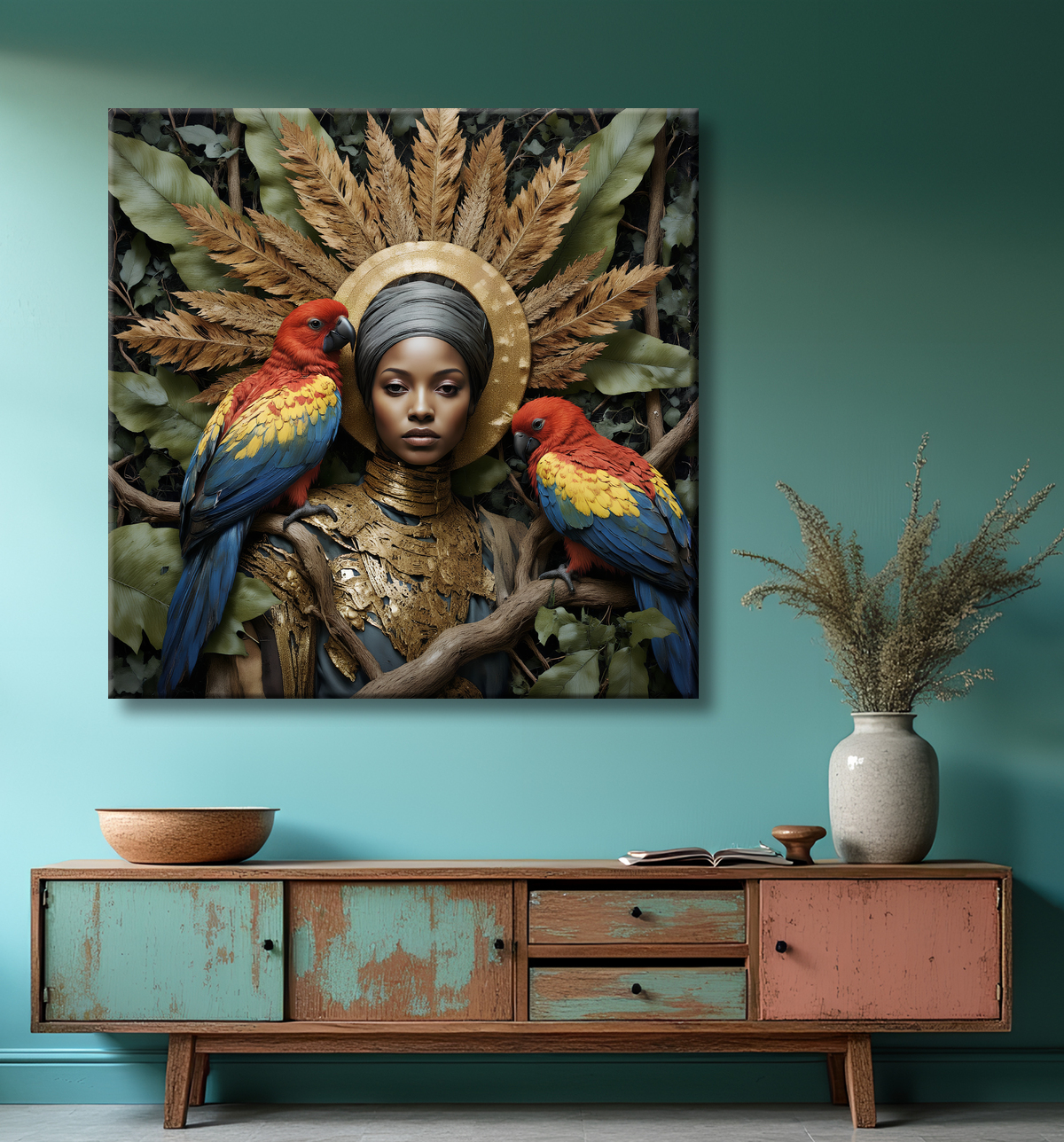 Tableau portrait femme africaine jungle et perroquets avec decor