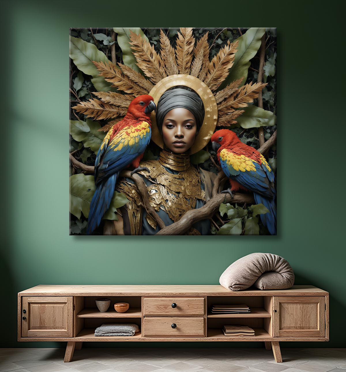 Tableau portrait femme africaine jungle et perroquets avec decor