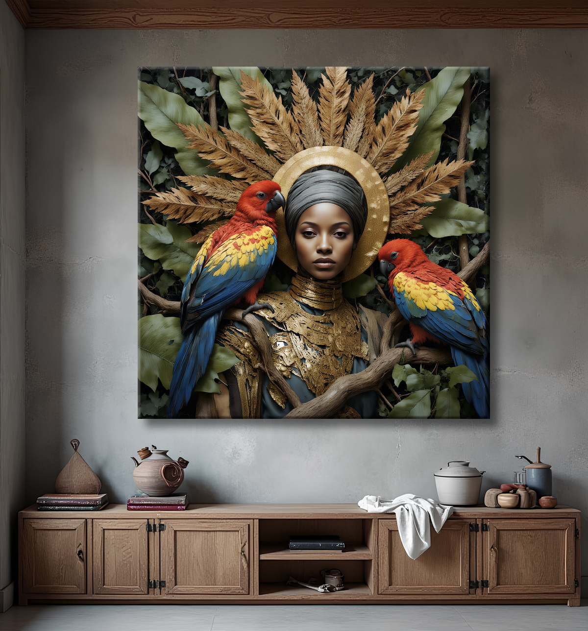 Tableau portrait femme africaine jungle et perroquets avec decor