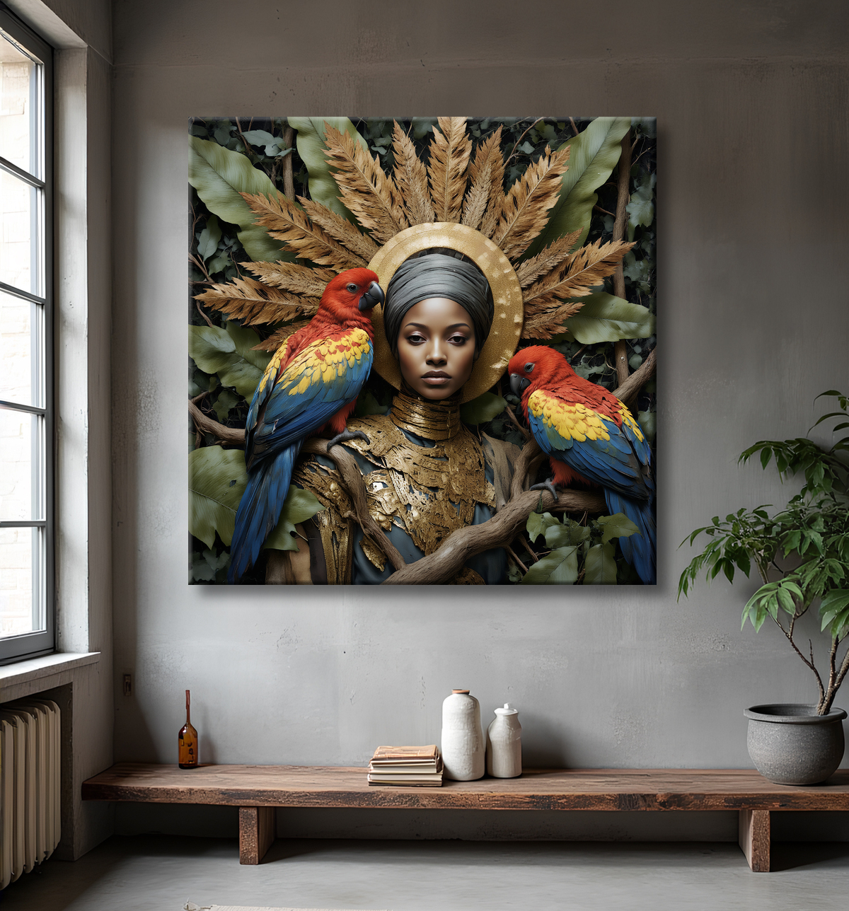 Tableau portrait femme africaine jungle et perroquets avec decor
