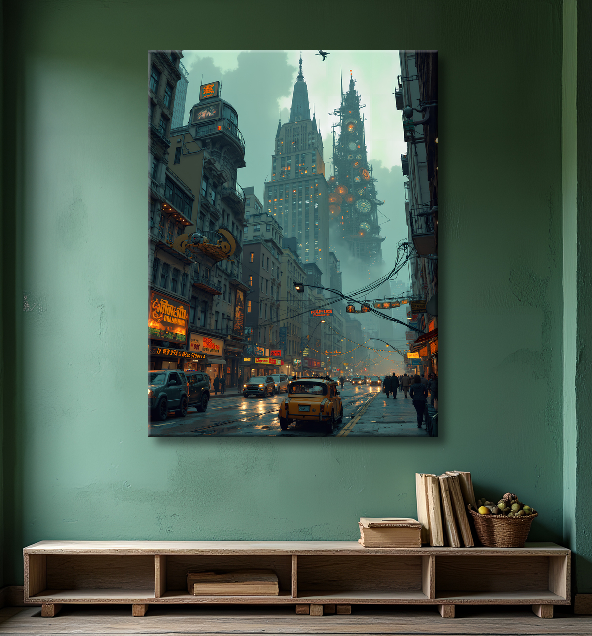 Tableau urbain futuriste inspiré de New York, avec une réinterprétation audacieuse de ses gratte-ciel emblématiques. Style graphique marqué, influences science-fiction et bande dessinée.