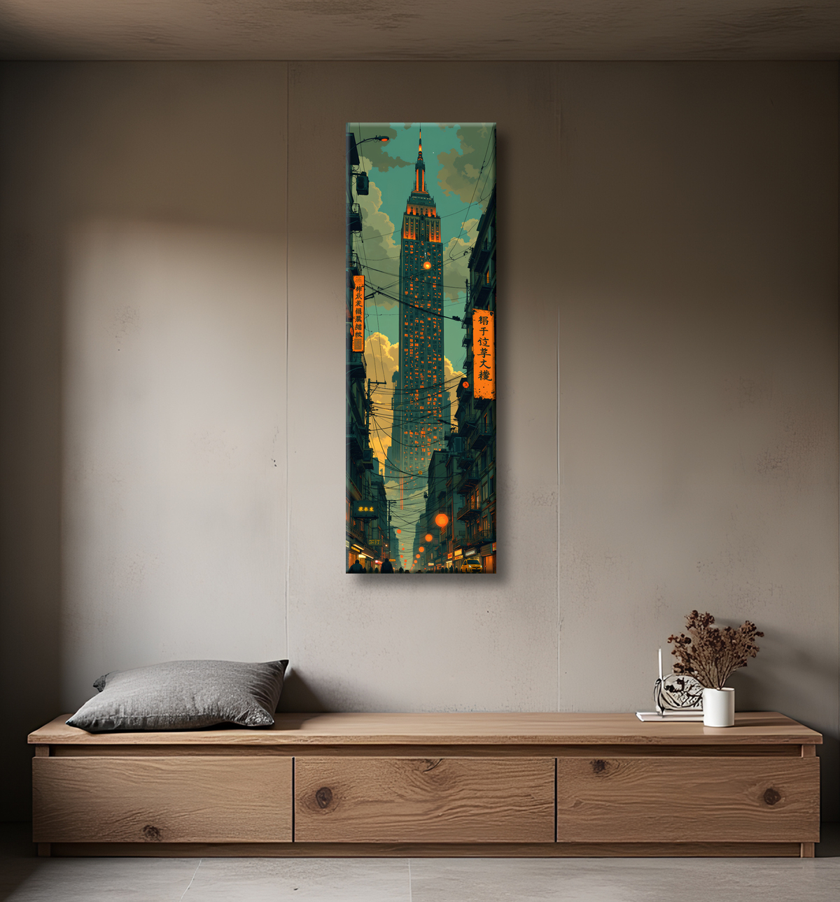 Tableau urbain futuriste inspiré de New York, avec une réinterprétation audacieuse de ses gratte-ciel emblématiques. Style graphique marqué, influences science-fiction et bande dessinée.