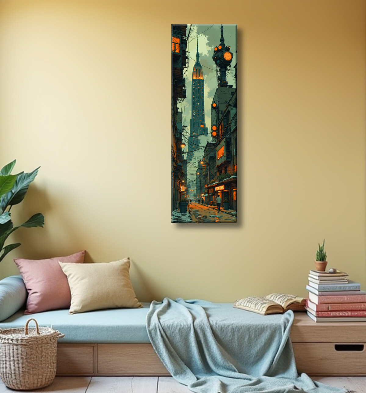 Tableau urbain futuriste inspiré de New York, avec une réinterprétation audacieuse de ses gratte-ciel emblématiques. Style graphique marqué, influences science-fiction et bande dessinée.