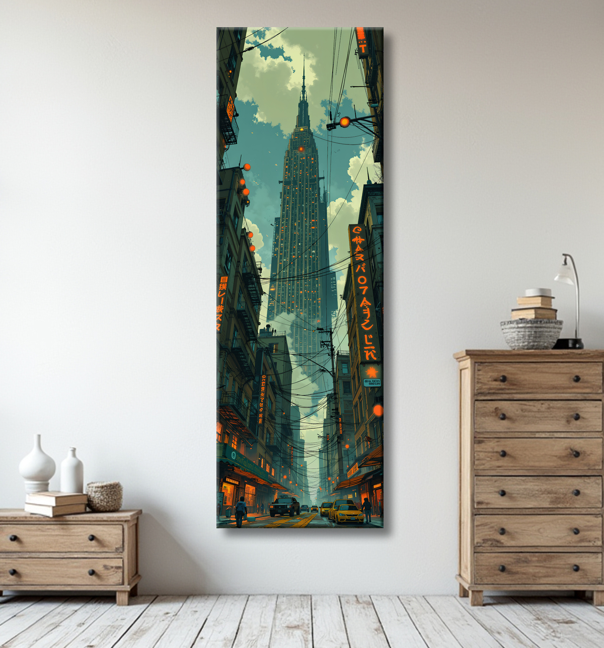 Tableau urbain futuriste inspiré de New York, avec une réinterprétation audacieuse de ses gratte-ciel emblématiques. Style graphique marqué, influences science-fiction et bande dessinée.