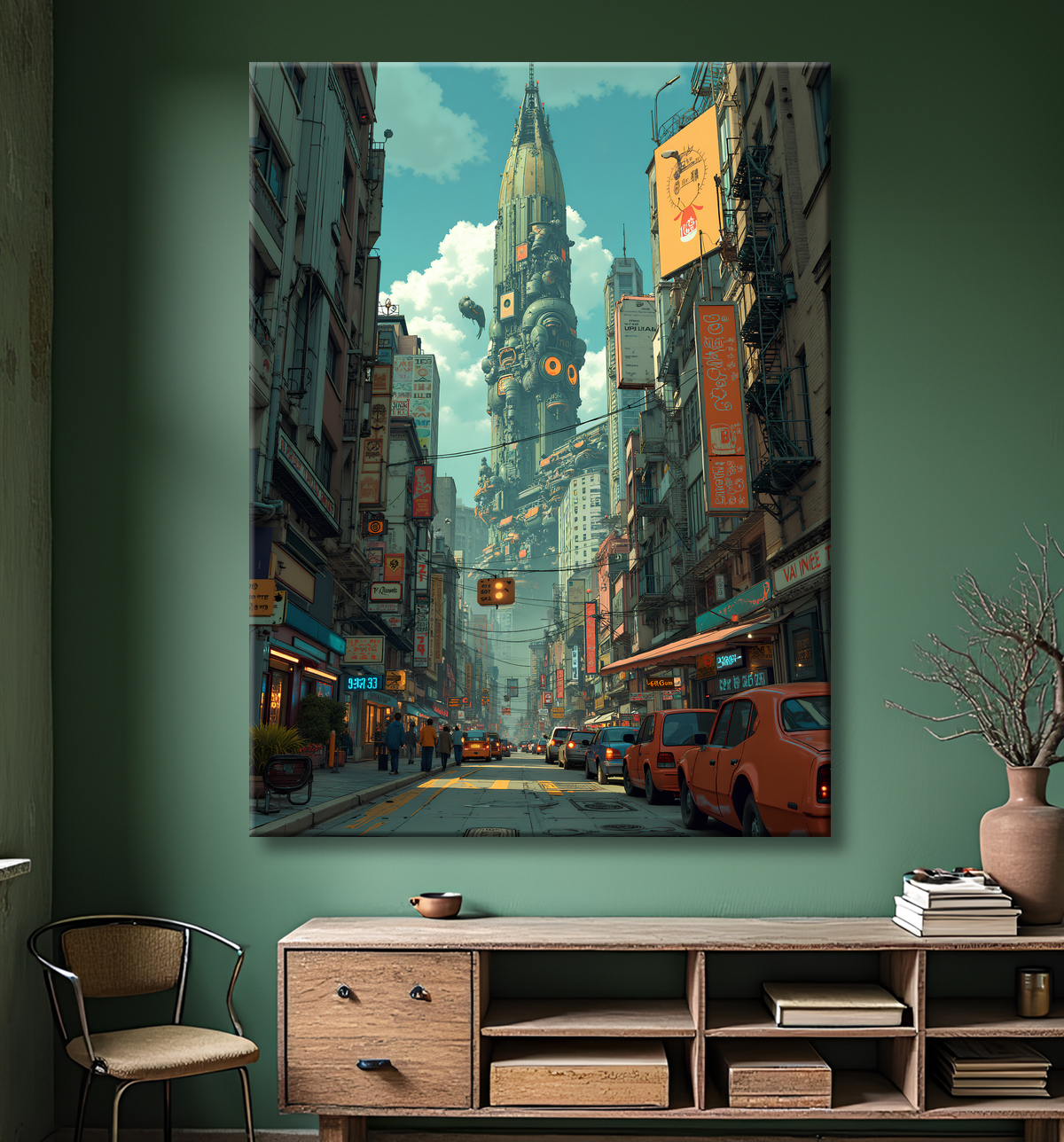 Tableau urbain futuriste inspiré de New York, avec une réinterprétation audacieuse de ses gratte-ciel emblématiques. Style graphique marqué, influences science-fiction et bande dessinée.