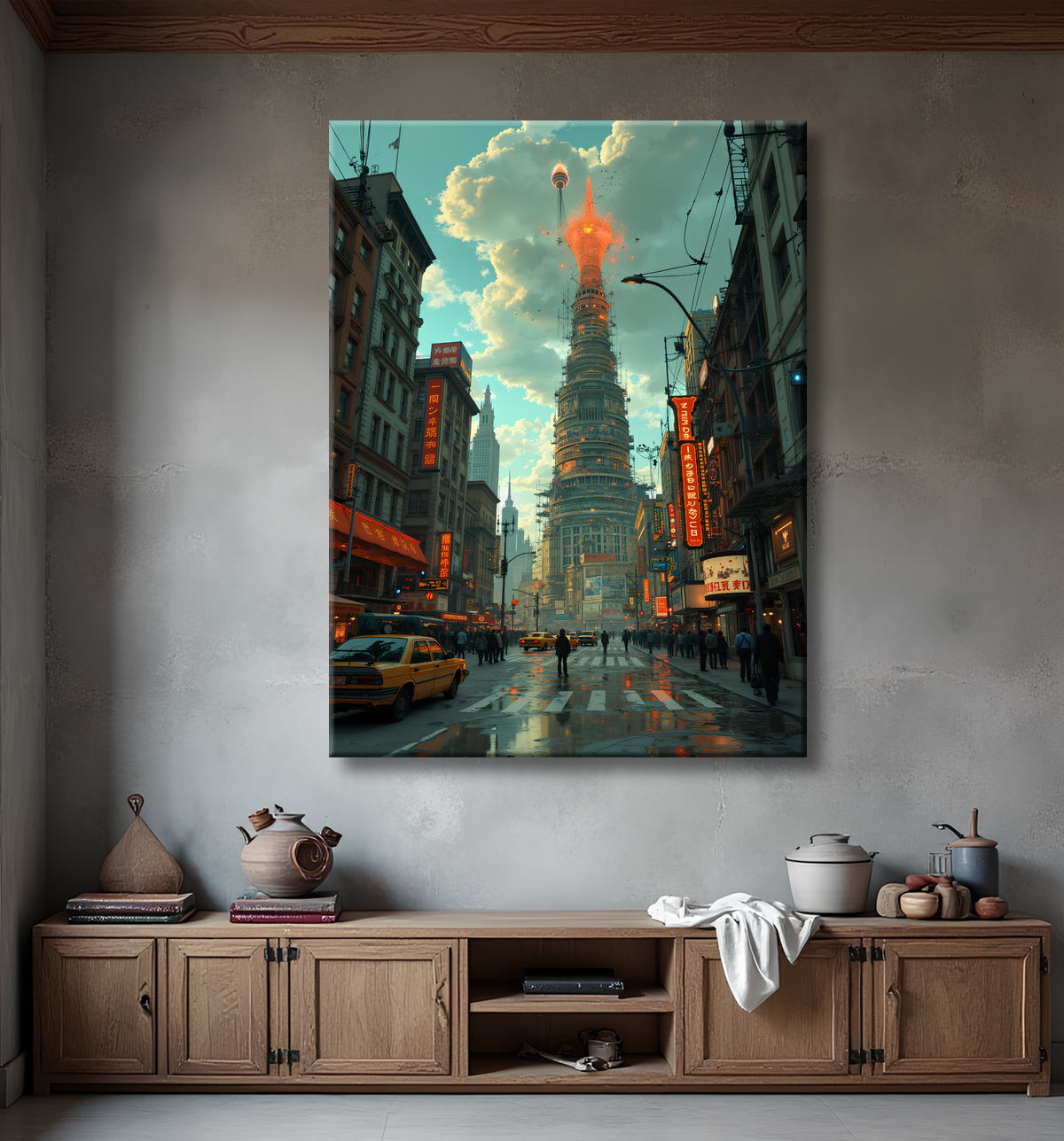 Tableau urbain futuriste inspiré de New York, avec une réinterprétation audacieuse de ses gratte-ciel emblématiques. Style graphique marqué, influences science-fiction et bande dessinée.