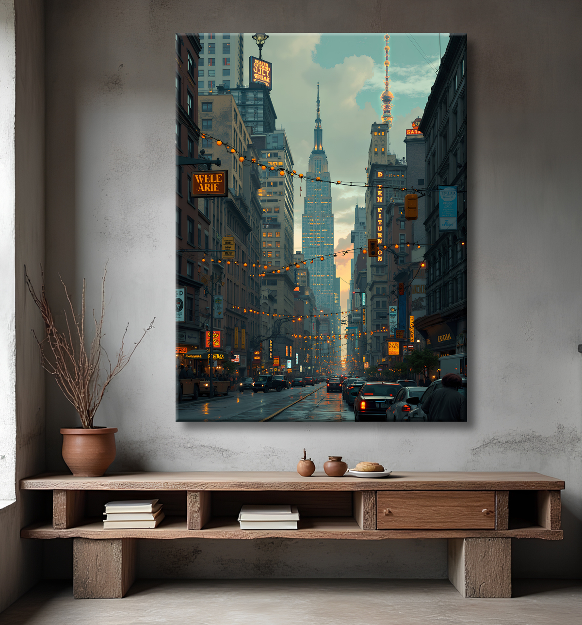 Tableau urbain futuriste inspiré de New York, avec une réinterprétation audacieuse de ses gratte-ciel emblématiques. Style graphique marqué, influences science-fiction et bande dessinée.