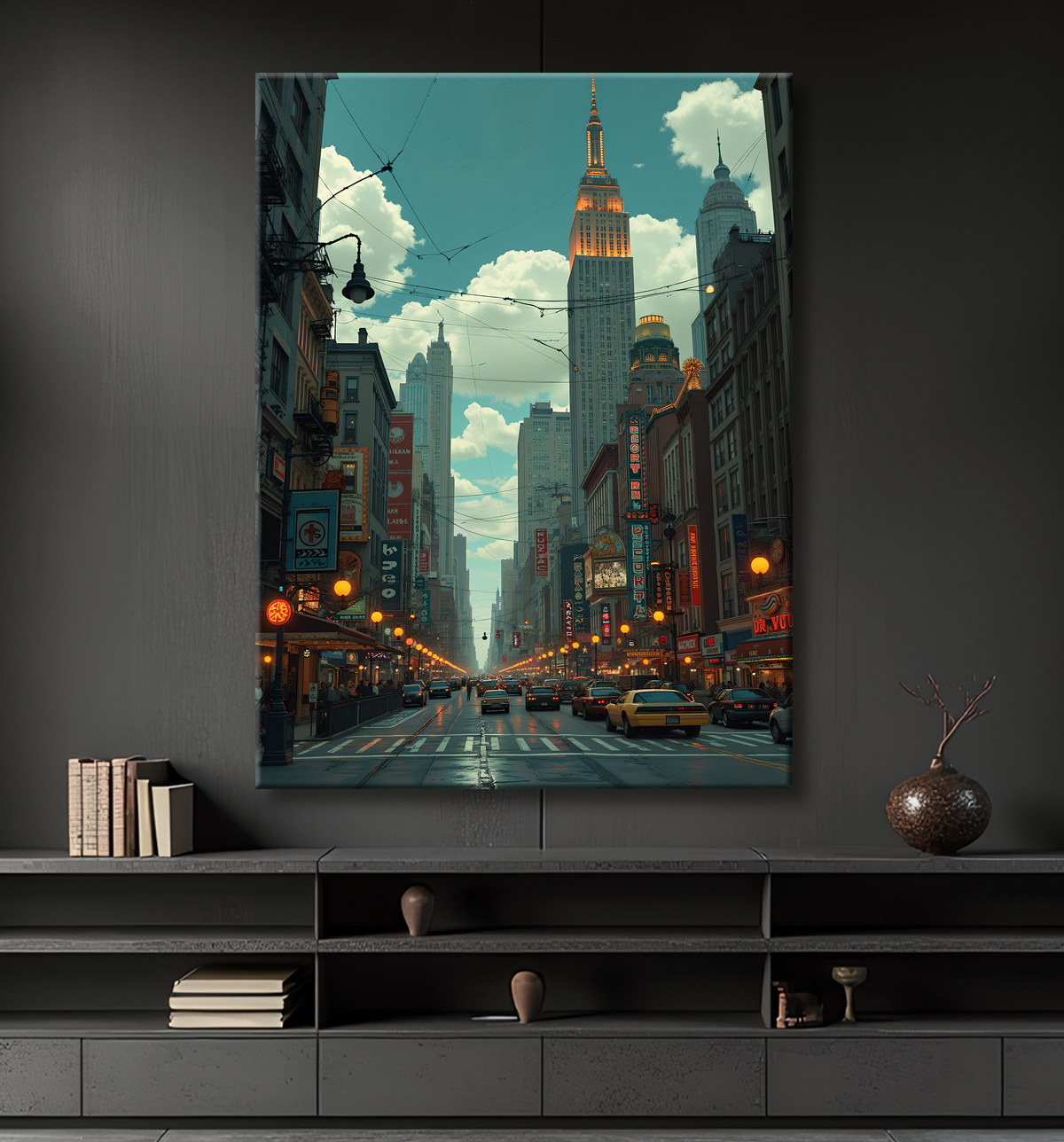 Tableau urbain futuriste inspiré de New York, avec une réinterprétation audacieuse de ses gratte-ciel emblématiques. Style graphique marqué, influences science-fiction et bande dessinée.