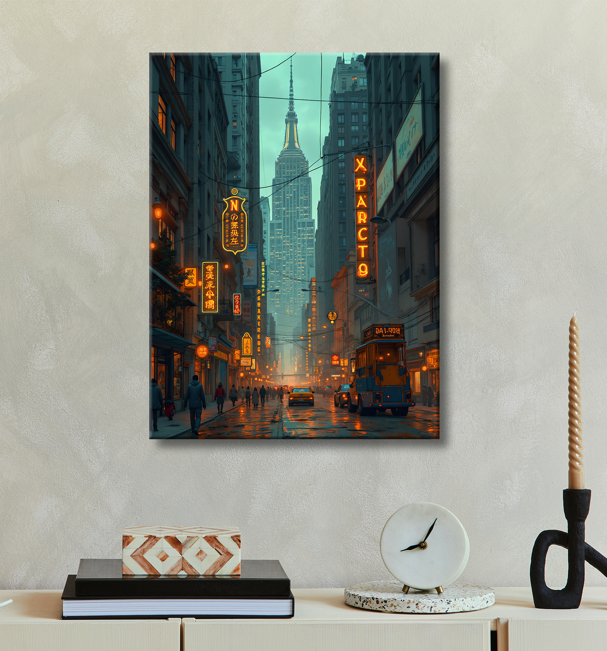 Tableau urbain futuriste inspiré de New York, avec une réinterprétation audacieuse de ses gratte-ciel emblématiques. Style graphique marqué, influences science-fiction et bande dessinée.