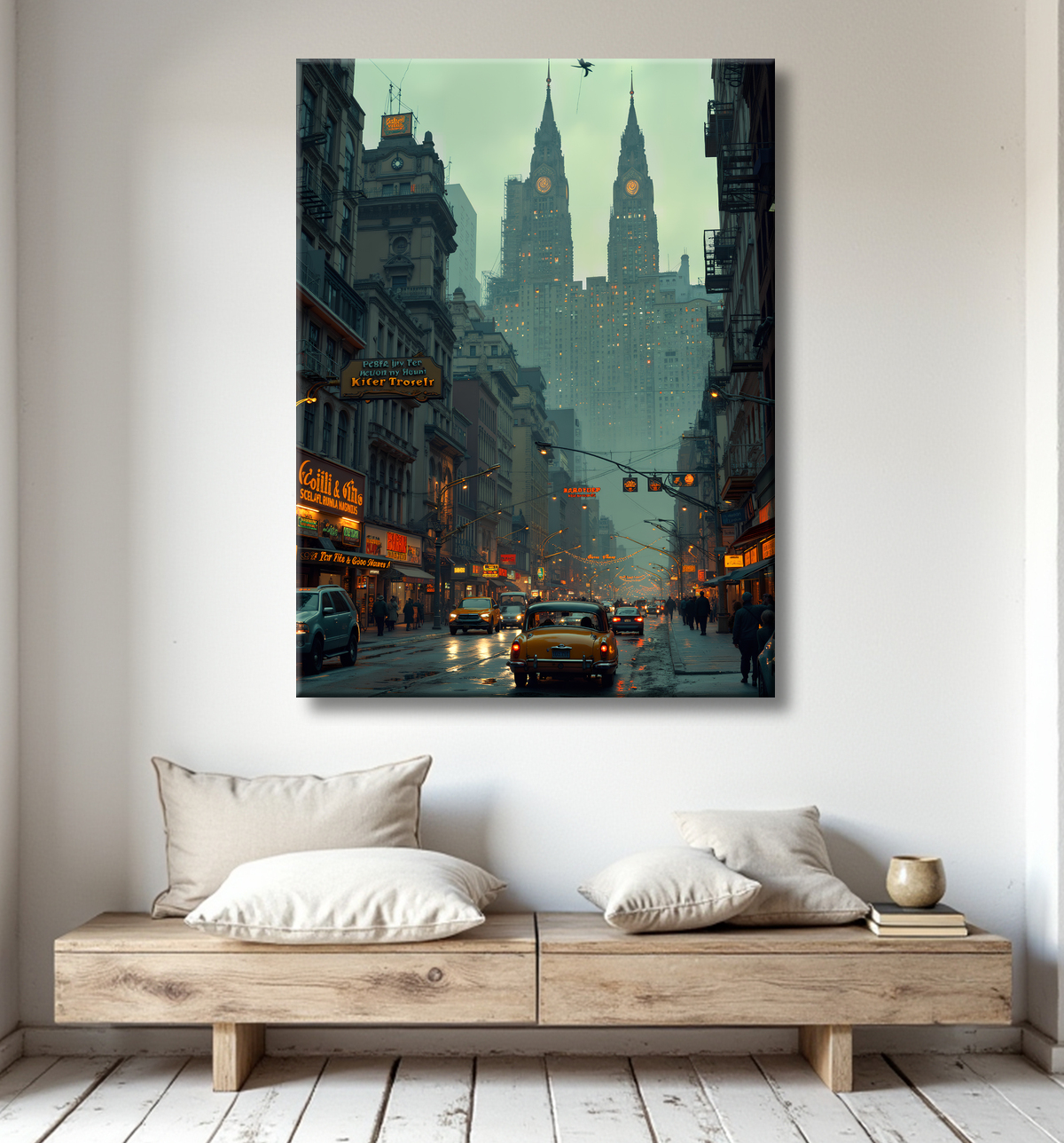 Tableau urbain futuriste inspiré de New York, avec une réinterprétation audacieuse de ses gratte-ciel emblématiques. Style graphique marqué, influences science-fiction et bande dessinée.