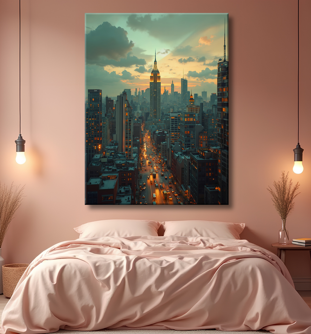 Tableau urbain futuriste inspiré de New York, avec une réinterprétation audacieuse de ses gratte-ciel emblématiques. Style graphique marqué, influences science-fiction et bande dessinée.